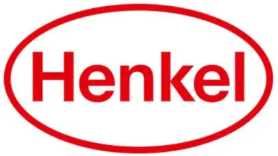 Rotes ovales Logo mit dem Wort 'henkel' in fetten roten Buchstaben.