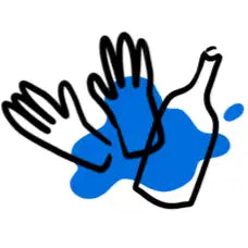 Blaue Flüssigkeit spritzt aus einer Flasche, während Hände danach greifen.