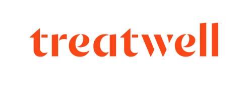 Orange ’treatwell’-Logotext auf schwarzem Hintergrund.